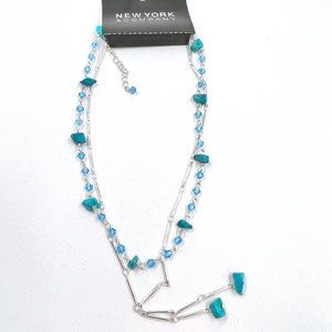 NWT - NY & CO - Turquoise & Blue Color Chip & Bead Silver Tone 14” Necklace